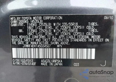 2010 Toyota Rav4 Sport z USA, uszkodzony, nr VIN JTMRF4DV1A5034567